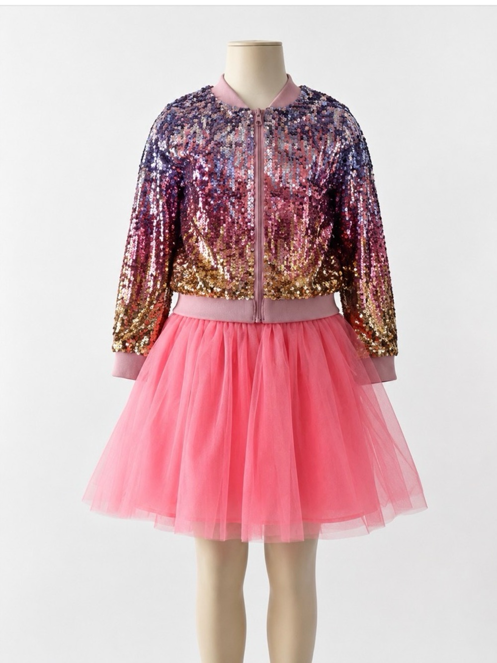 H&M Girls Pink Tulle Dress & Sequin Bomber Jacket Set Size 8–10